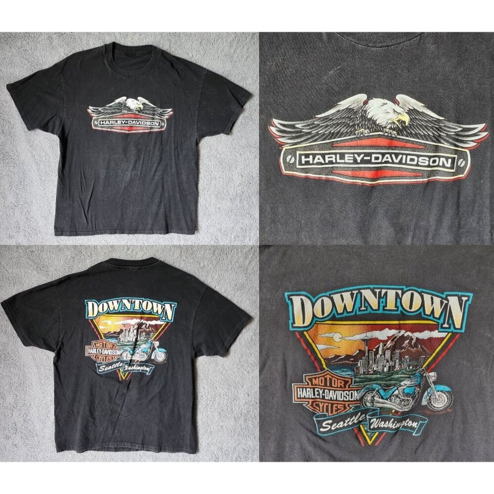 VTG 1993 Harley Davidson Downtown Seattle WA Single Stitch Black T Shirt Size L